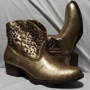 Frye Deborah studded gold ankle boots cowboy heel